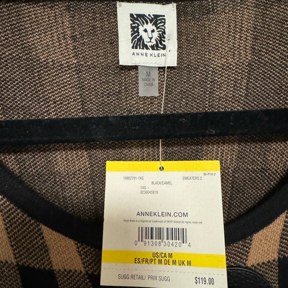 Anne Klein Black & Tan (Camel) plaid long cardigan - Picture 2 of 3